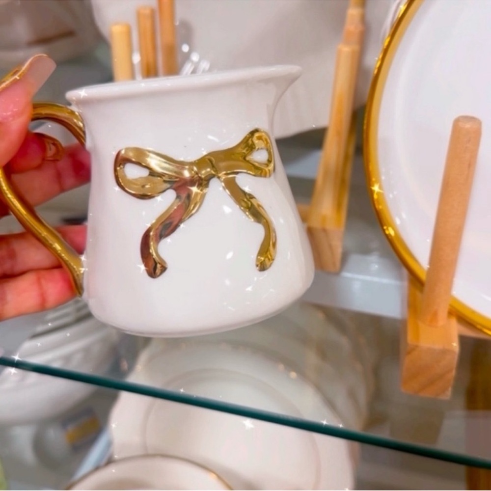 White Mug with Gold Bow Accent